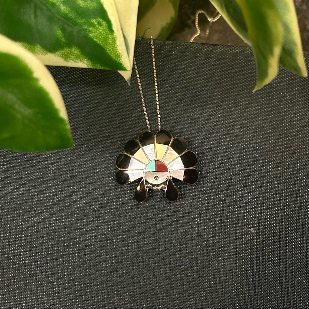 Native American Zuni Sunface 925 Sterling Silver Brooch Pendant Necklace Signed